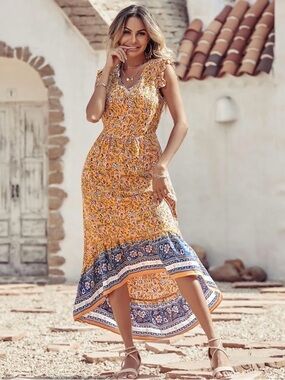 Boutique~ Yellow Floral High-Low Maxi Dress with Blue Border